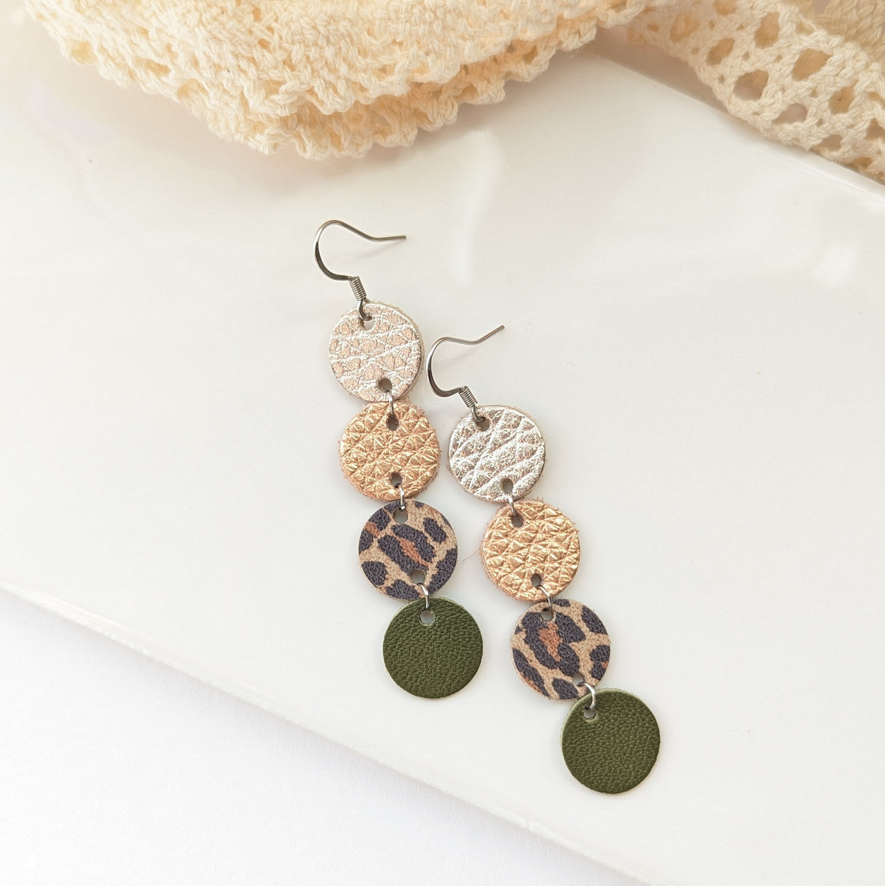 Olive Leather Sequins Earring