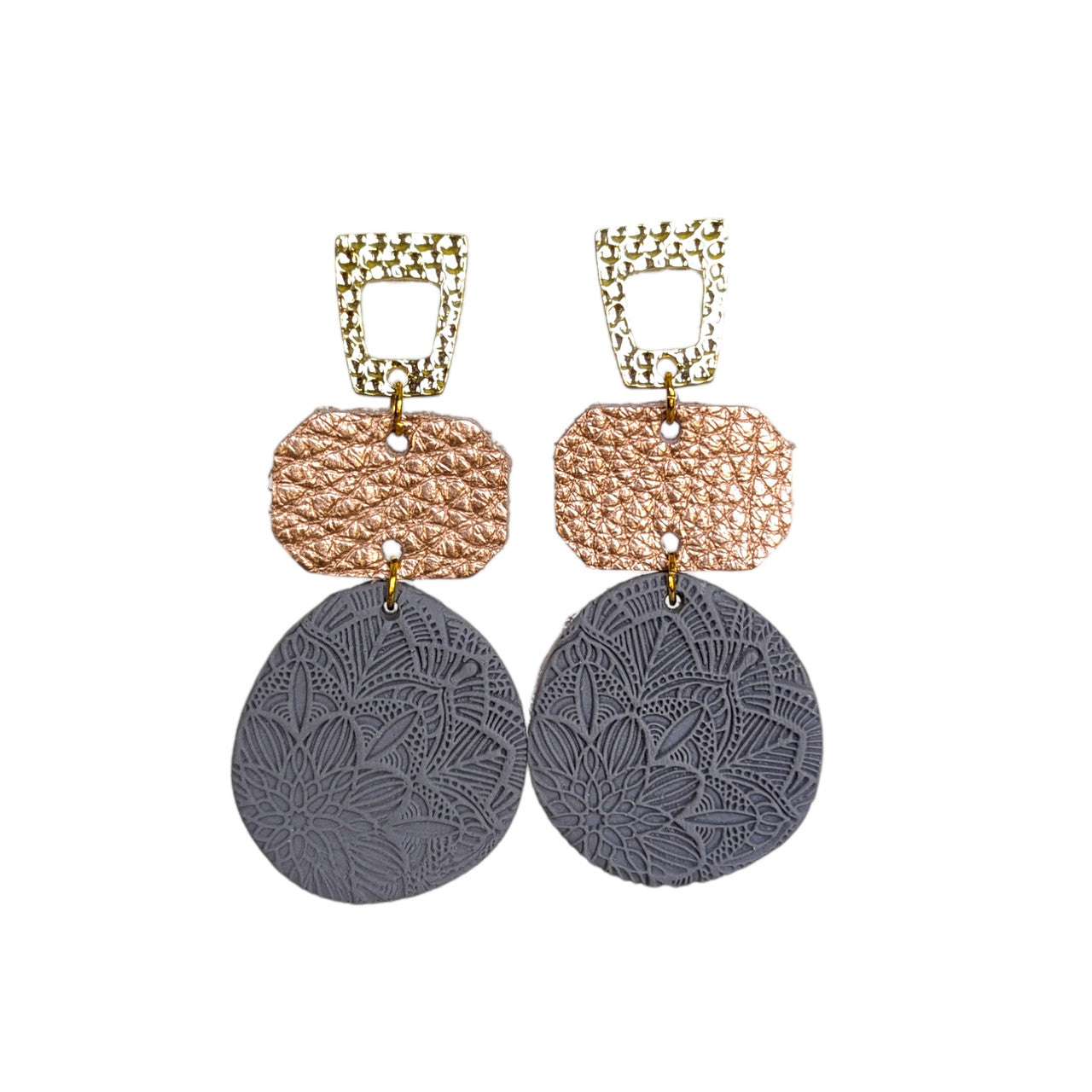 Grey Floral Embossed Clay Earring