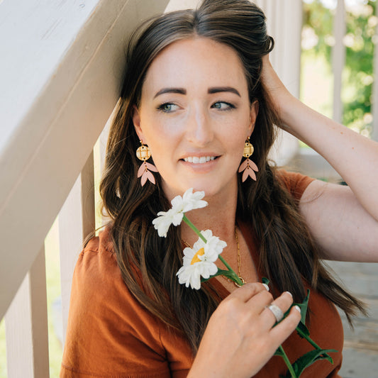 Peach Leaf Clay & Leather Earring