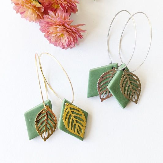 Meadow Green Leaf Hoop Earring