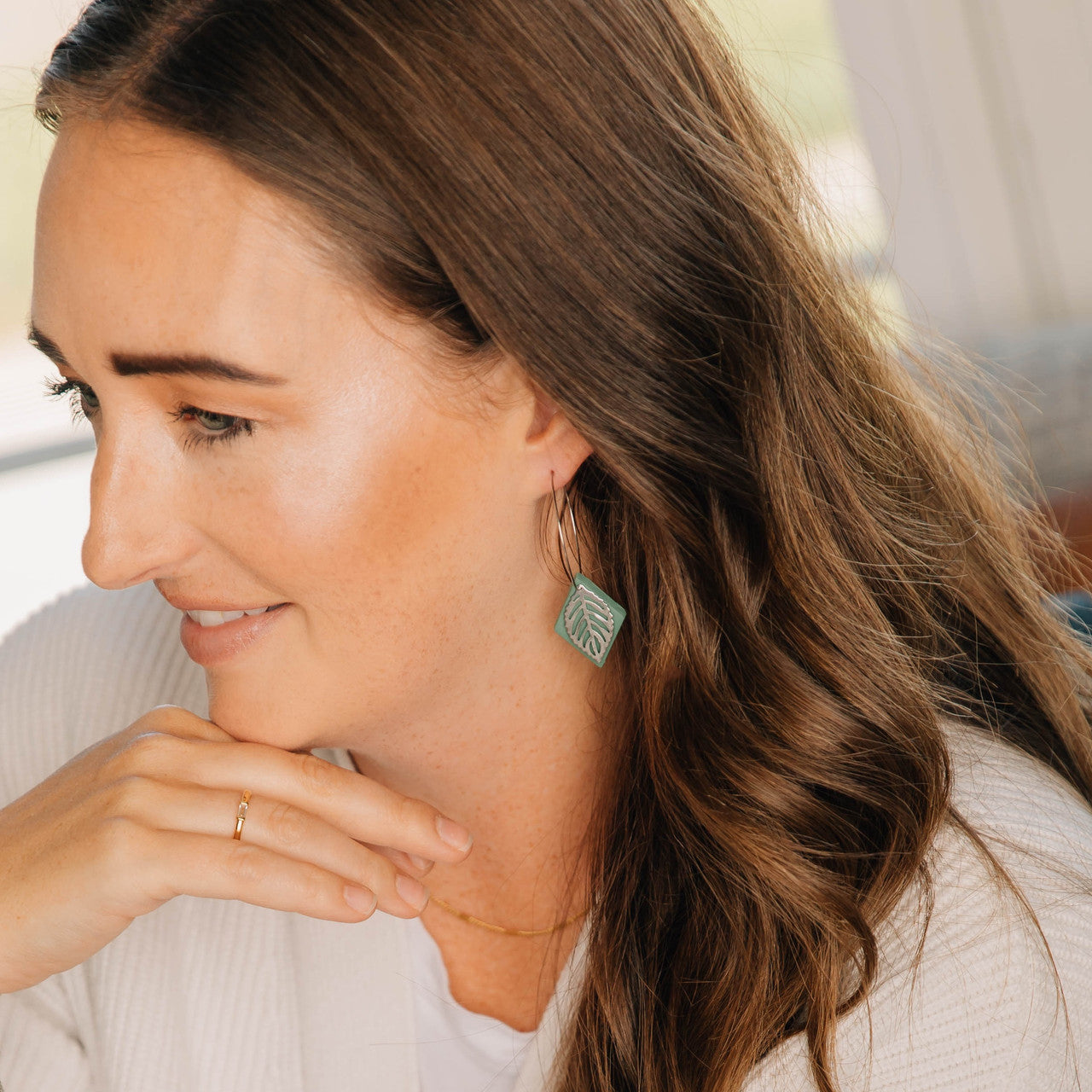 Meadow Green Leaf Hoop Earring