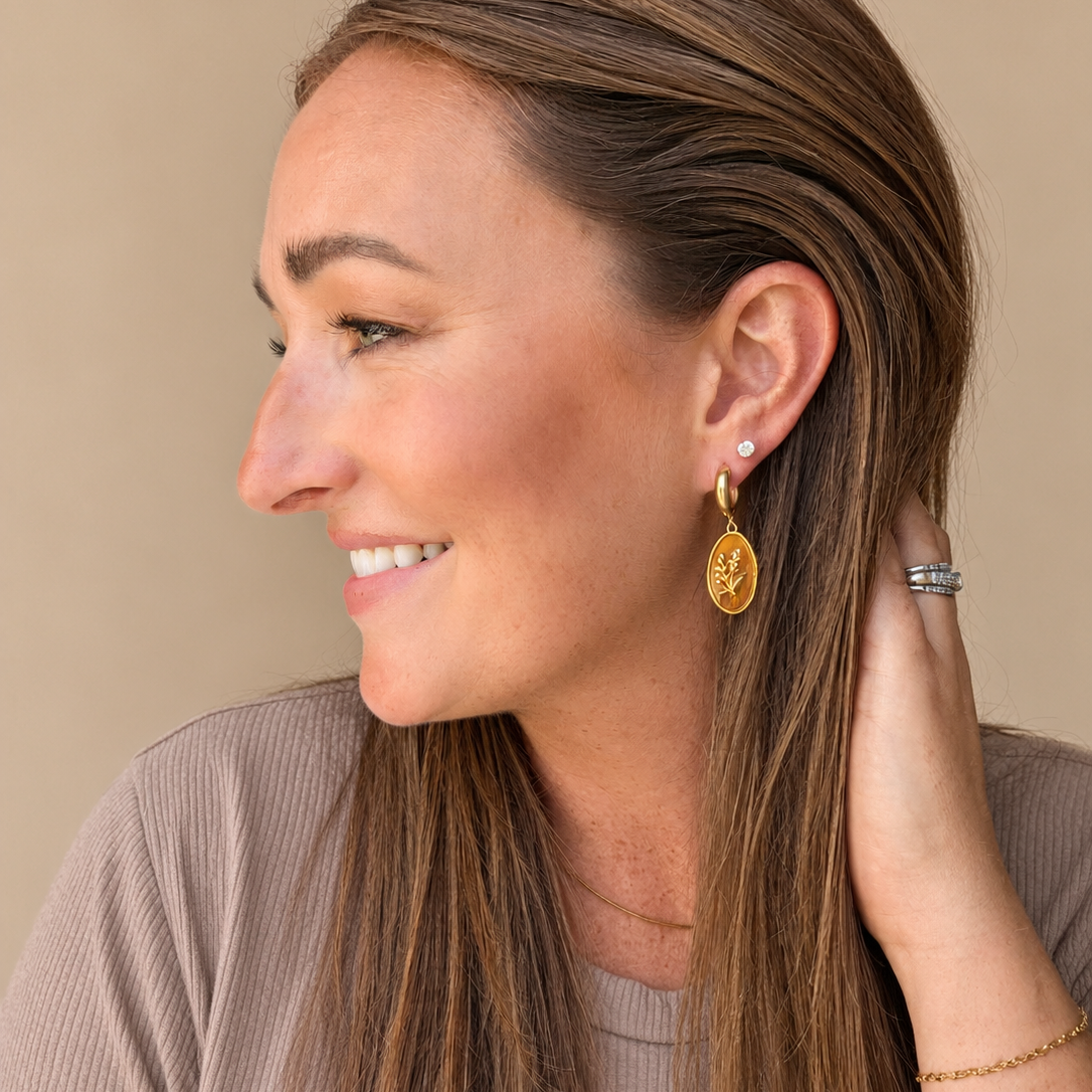 Fall leaf enamel huggie earrings, gold and brown