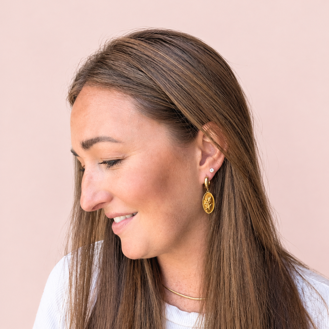 Brown enamel gold leaf huggie earrings by Iviana & Co