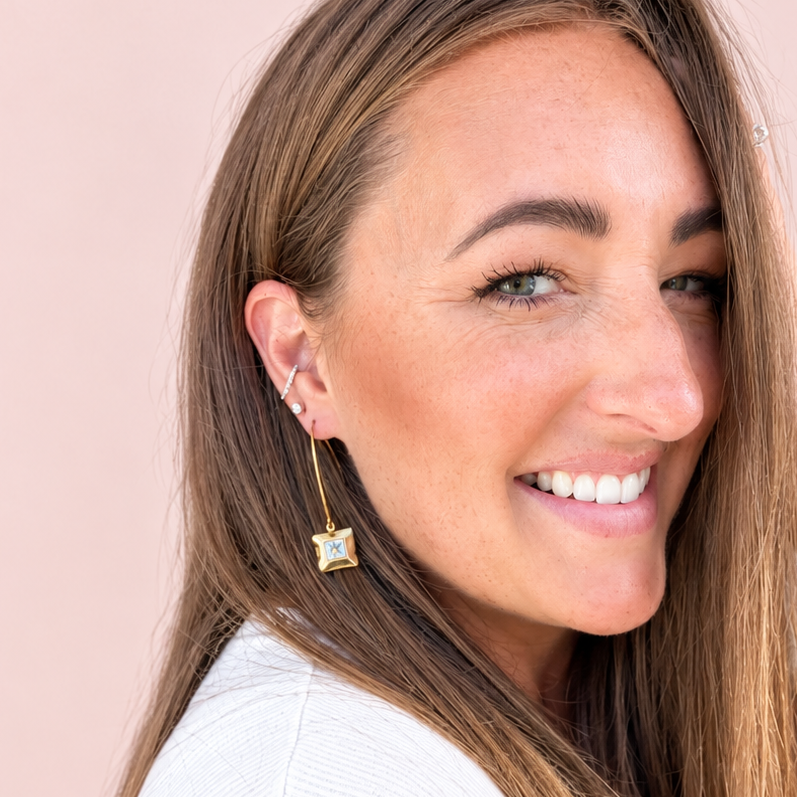 Gold square cubic zirconia charm dangle earrings